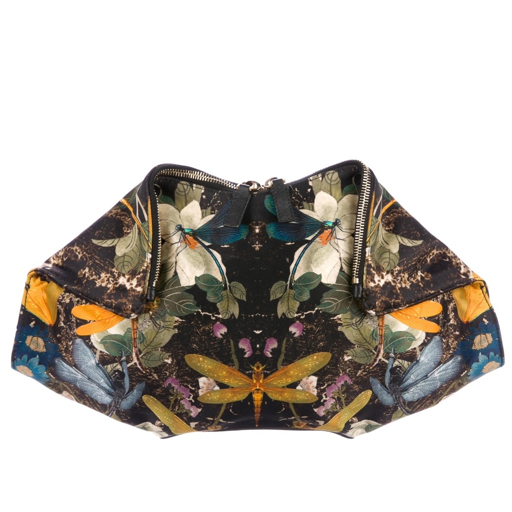 Auth Alexander McQueen Silk Dragonfly Print De Manta Clutch Multicolor Black